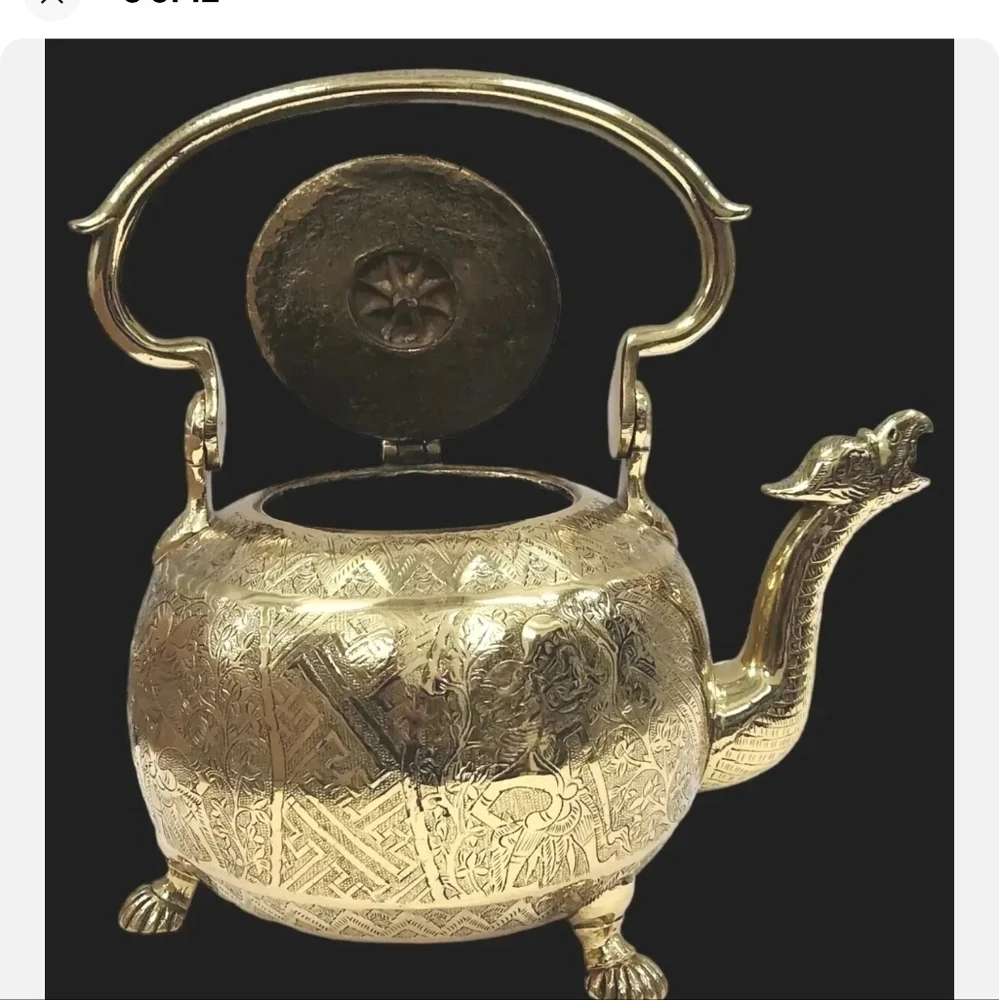 Antique French Liegoise Chiseled Brass‎ Water Kettle Griffin Spout & Feet RARE